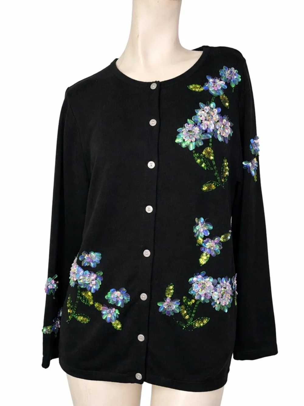 Vintage Quacker Factory XL Black Sequin Floral Cardigan Sweater Embellished - Picture 1 of 8